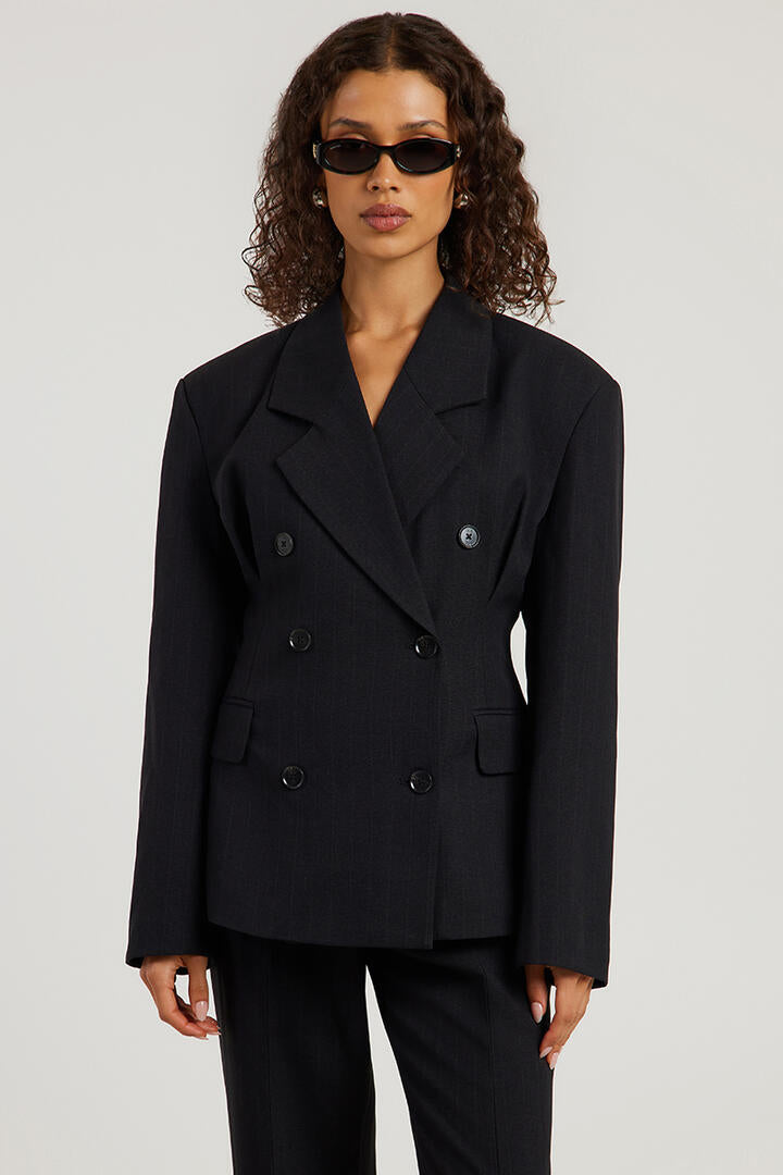 Ode Alexis Cinched Blazer Black Pin Stripe