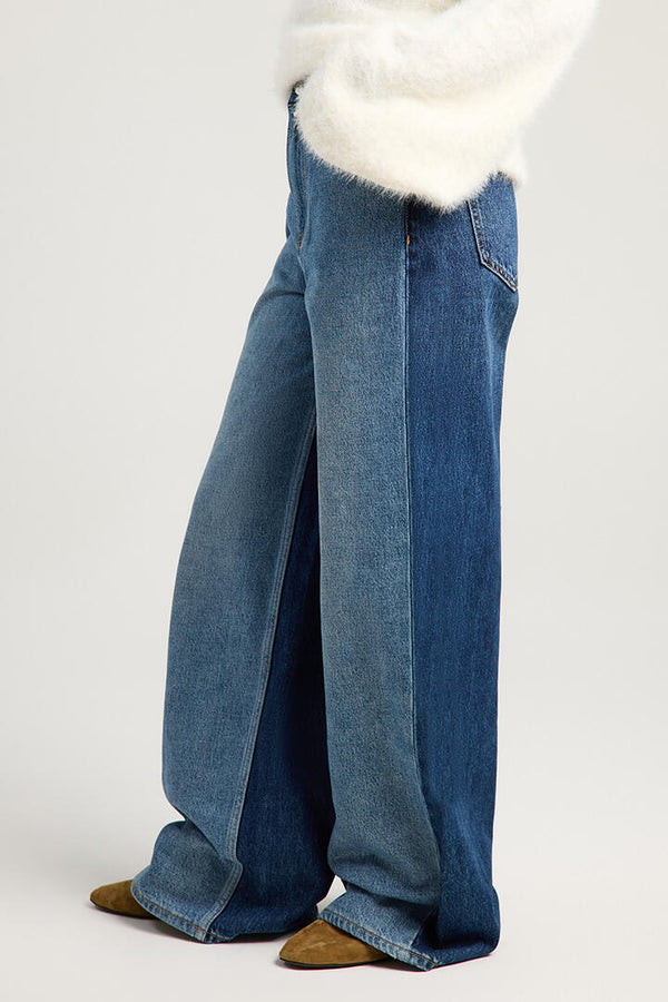 Ode Mid Rise Wide Leg Jean Two Tone Denim
