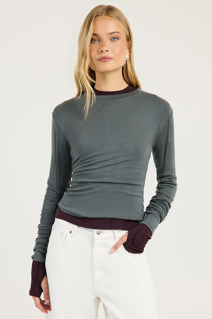 Ode Crew Neck Long Sleeve Knit Top Slate