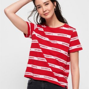 Superdry Cote Stripe Text Tee Red Text Stripe